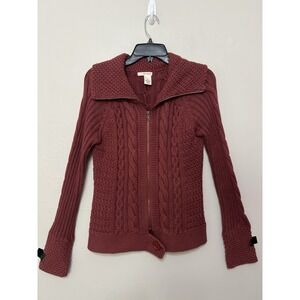 Vintage Y2K DKNY Zip Up Sweater Chunky Cable Knit Ribbed Shawl Collar Brick M